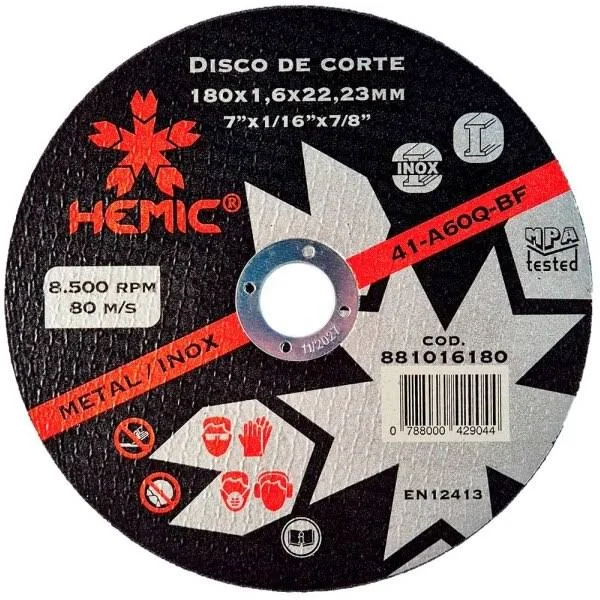 Disco de corte metal 7" 180x1.6x22.23mm - HEMIC